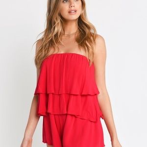 Heidi Strapless Tiered Romper in Red